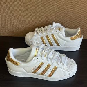 Adidas Superstar W Youth Size 6.5 Leather White with Gold Sequins